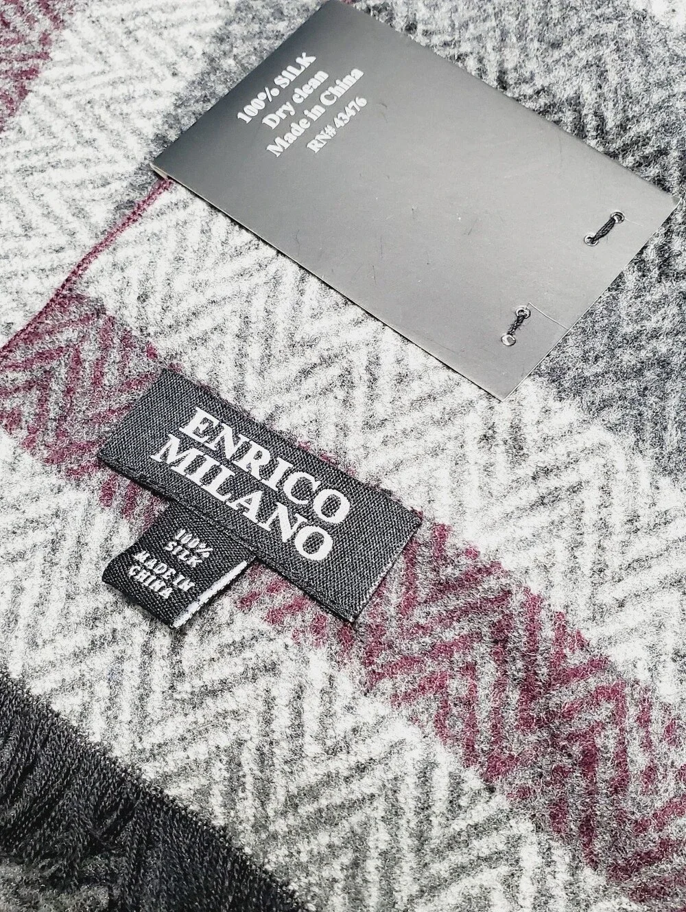 Enrico Milano Men's Silk Winter Scarf Gray & Burgundy Stripe Pattern 60x12.5